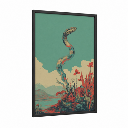 Serpent Sky Guardian framed boa constrictor print — black wood frame — turquoise and red palette