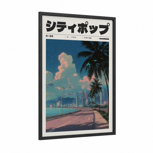 Neon Coastline framed anime and manga print — black wood frame — blue and pink palette