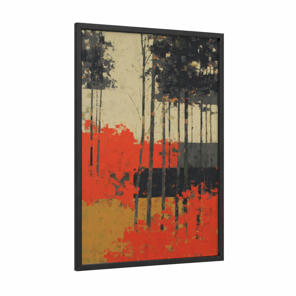 Crimson Maple Forest framed art print — black wood frame — red and black and white palette