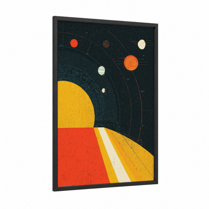 Solar System Retro framed art print — black wood frame — yellow gold and red palette