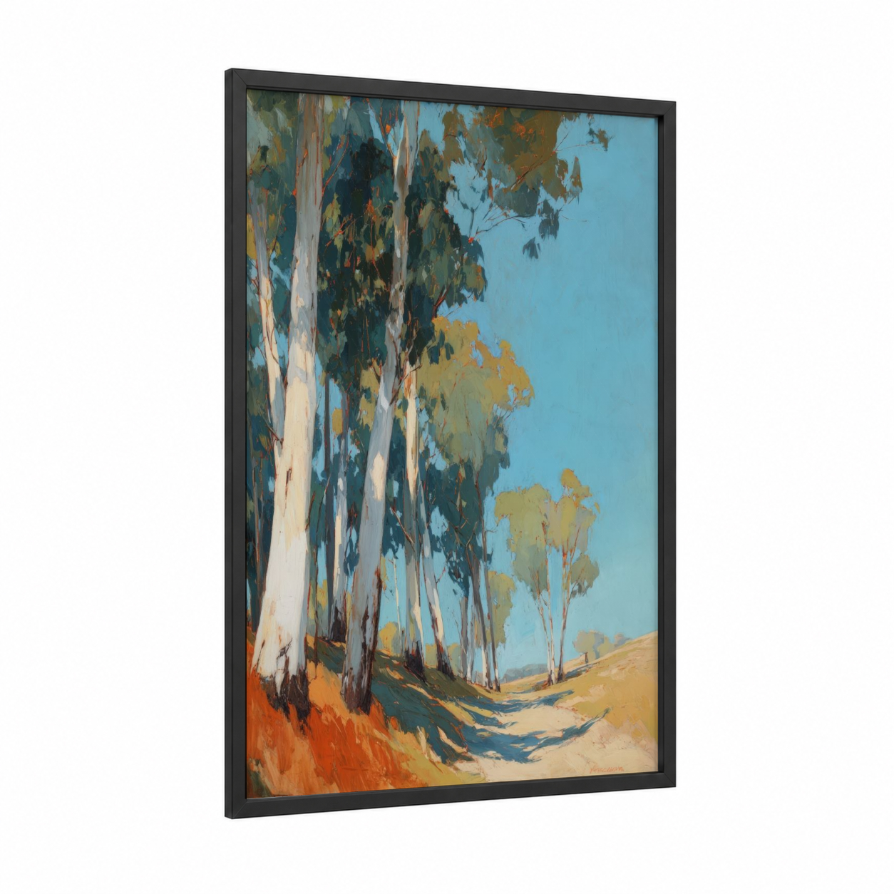Eucalyptus Avenue framed eucalyptus forest print — black wood frame — blue and gold palette