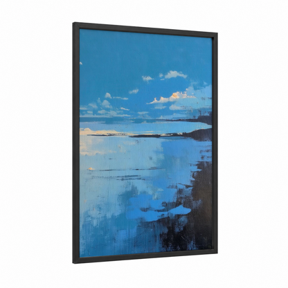Serene Horizons framed abstract classic print — black wood frame — blue and cream palette