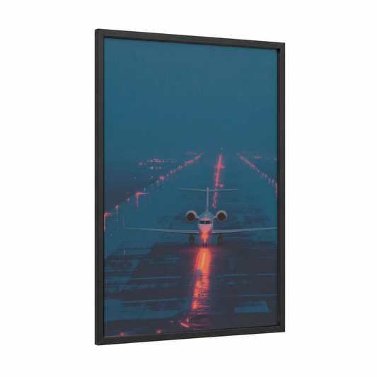Runway Takeoff framed private jet print — black wood frame — dark blue and orange palette
