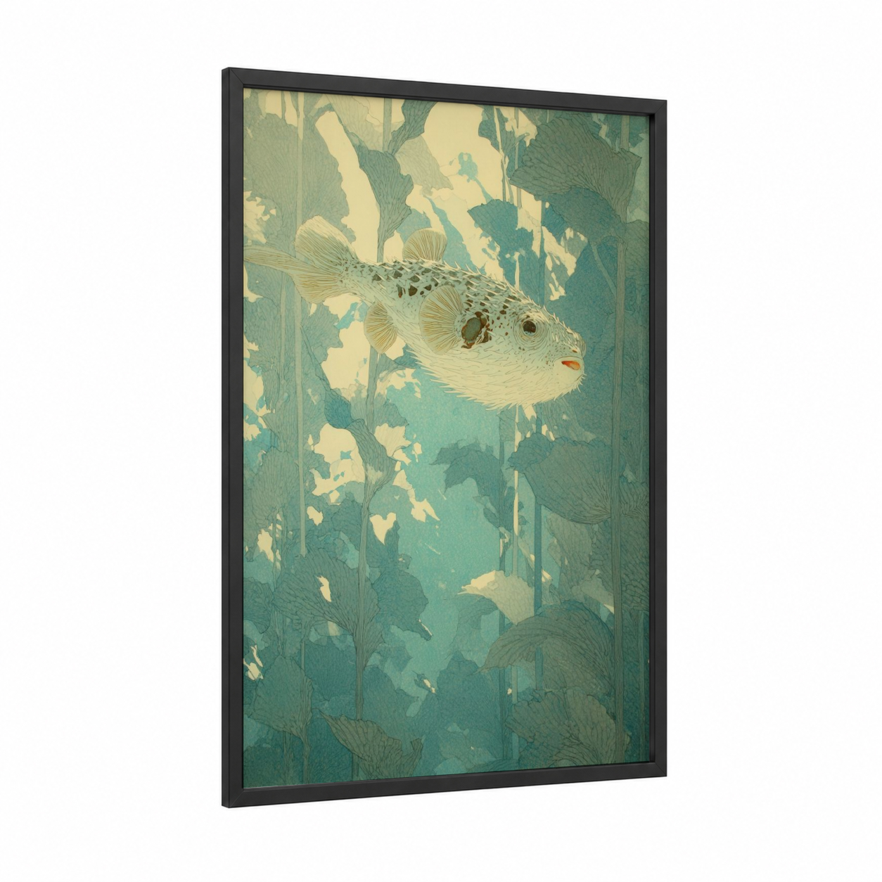 Tranquil Puffer Fish framed art print — black wood frame — cream and teal palette