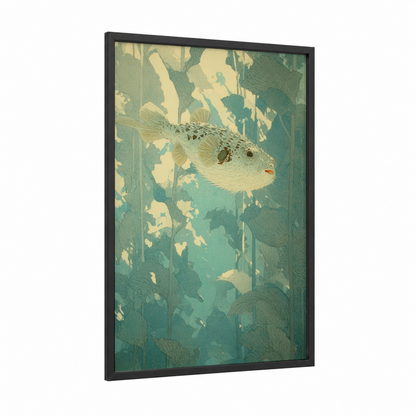 Tranquil Puffer Fish framed art print — black wood frame — cream and teal palette