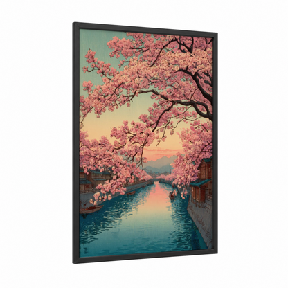 Cherry Blossom Canal framed cherry blossoms print — black wood frame — salmon pink and gold and white palette