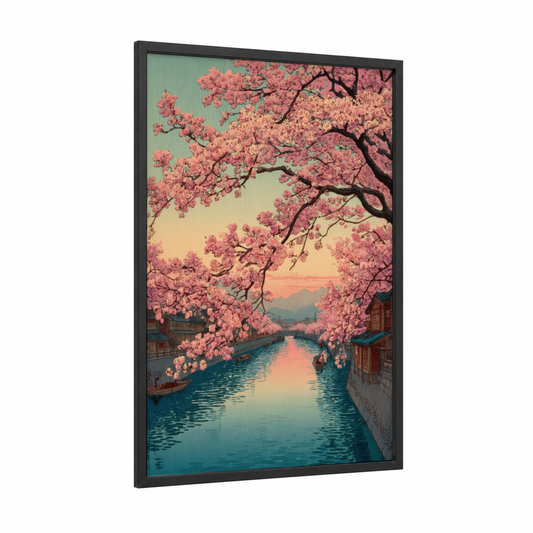 Cherry Blossom Canal framed cherry blossoms print — black wood frame — salmon pink and gold and white palette
