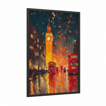 Big Ben Celebration framed new years eve print — black wood frame — gold and orange palette