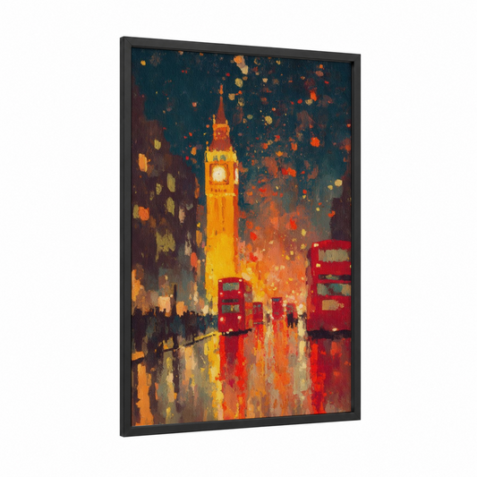 Big Ben Celebration framed new years eve print — black wood frame — gold and orange palette
