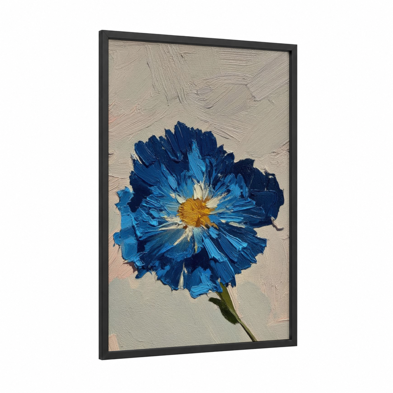 Indigo Blossom framed abstract flower print — black wood frame — blue and gold palette