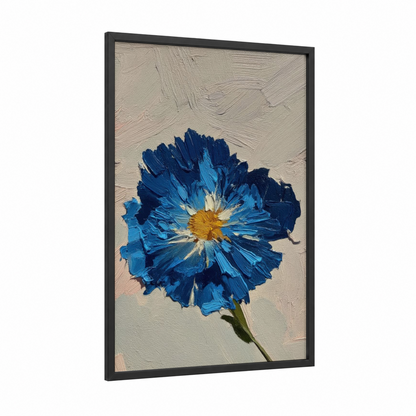 Indigo Blossom framed abstract flower print — black wood frame — blue and gold palette