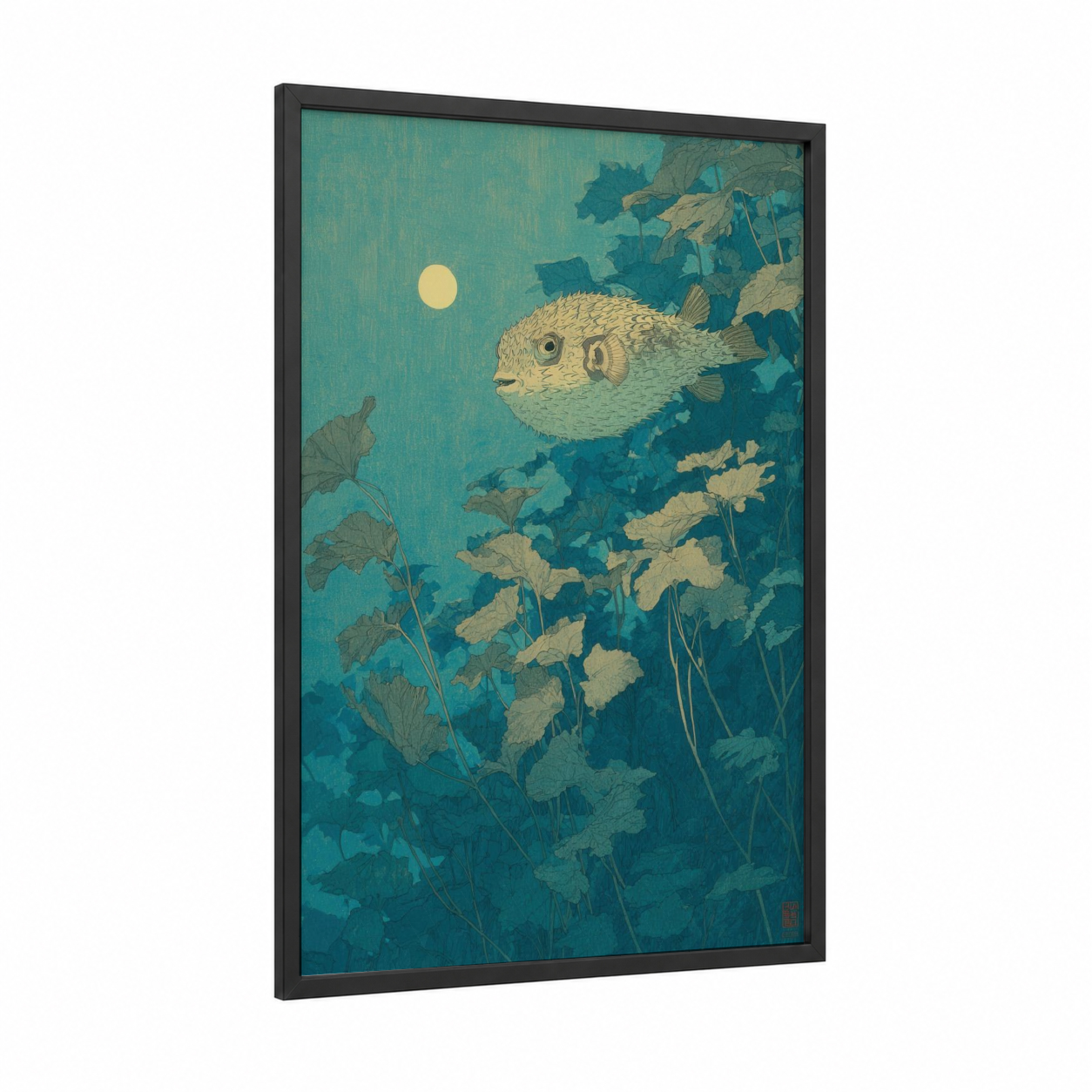 Moonlit Puffer Fish framed art print — black wood frame — teal and cream palette