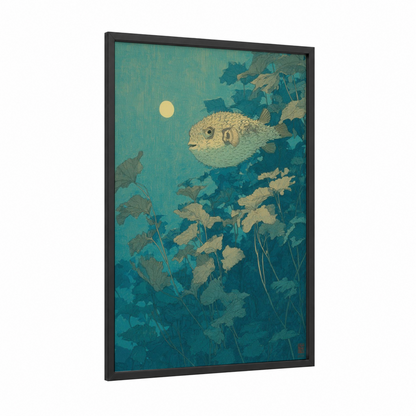 Moonlit Puffer Fish framed art print — black wood frame — teal and cream palette