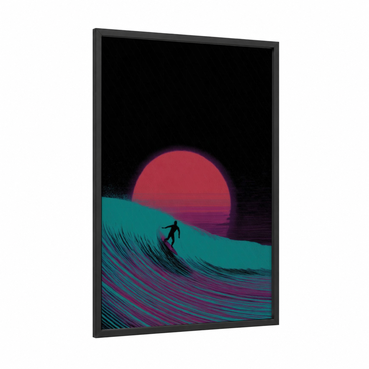 Neon Wave Surfer framed surfing print — black wood frame — magenta and teal palette