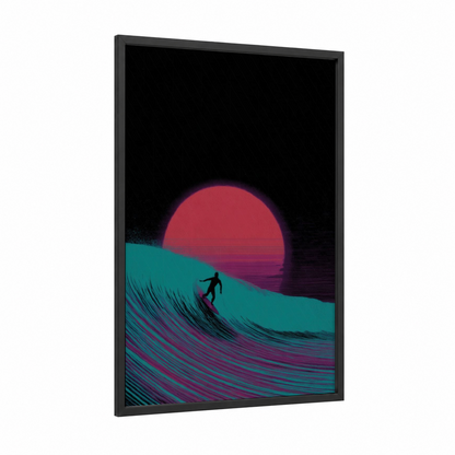 Neon Wave Surfer framed surfing print — black wood frame — magenta and teal palette