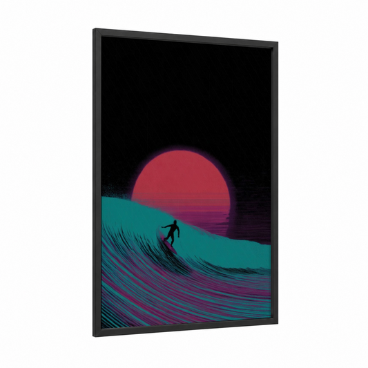 Neon Wave Surfer framed surfing print — black wood frame — magenta and teal palette