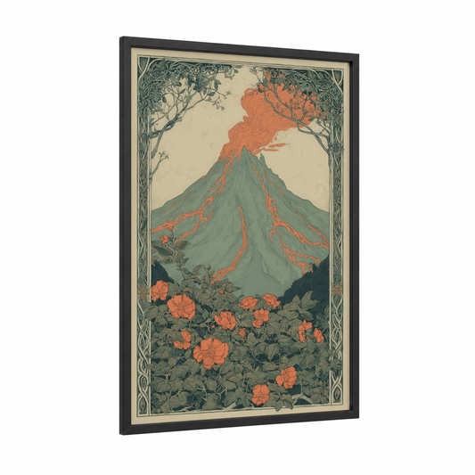 Erupting Volcano framed art print — black wood frame — teal and pumpkin palette
