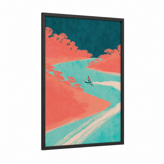 Aerial Skier framed water skiing print — black wood frame — teal and salmon pink palette