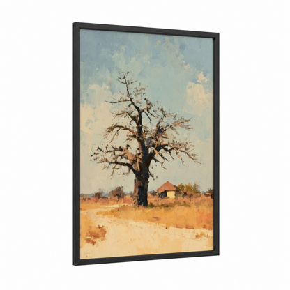 Solitary Baobab framed baobab tree print — black wood frame — gold and cream palette