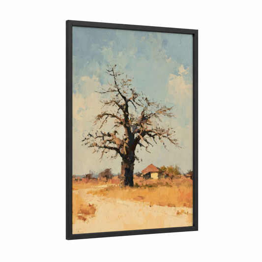 Solitary Baobab framed baobab tree print — black wood frame — gold and cream palette