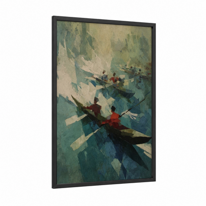 Abstract Paddlers framed kayaks and canoes print — black wood frame — teal and cream palette