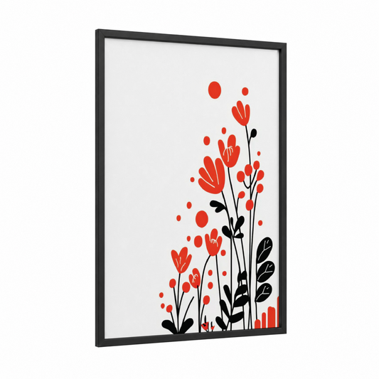 Abstract Red Blooms framed abstract flower print — black wood frame — red and black palette