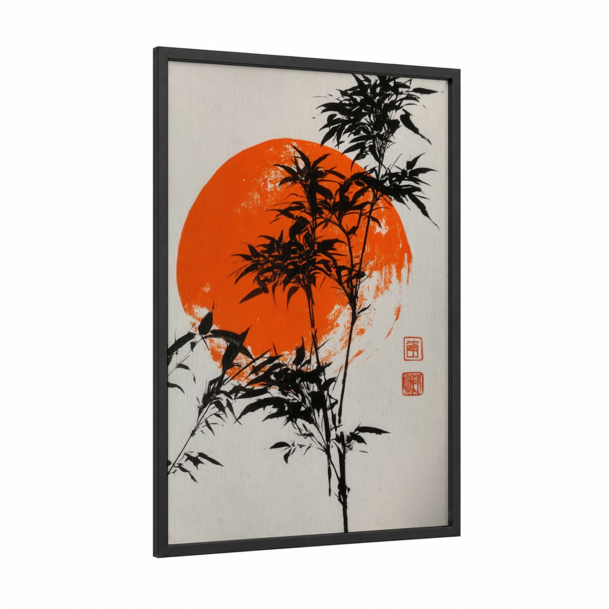 Sunset Bamboo framed abstract classic print — black wood frame — orange and black palette