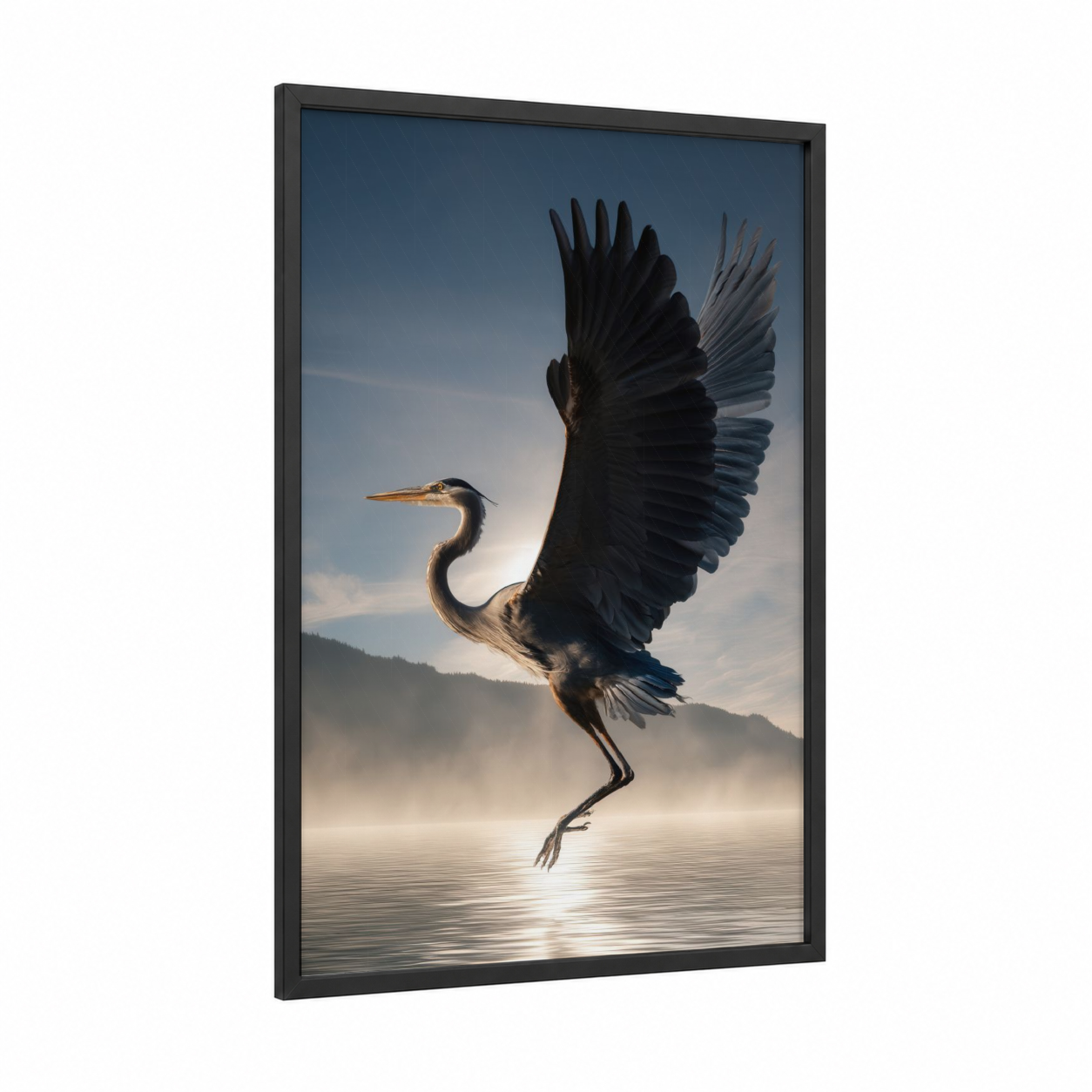 Misty Heron Launch framed art print — black wood frame — dark blue and gray and white palette