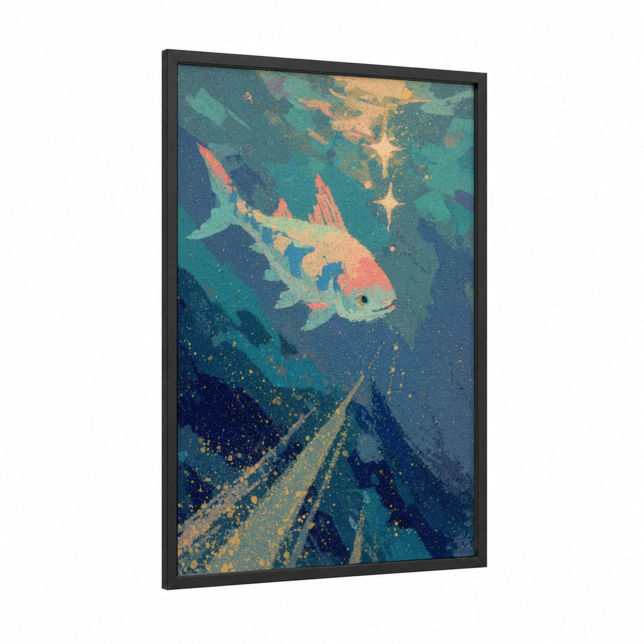 Cosmic Wahoo framed art print — black wood frame — teal and gold and pink palette