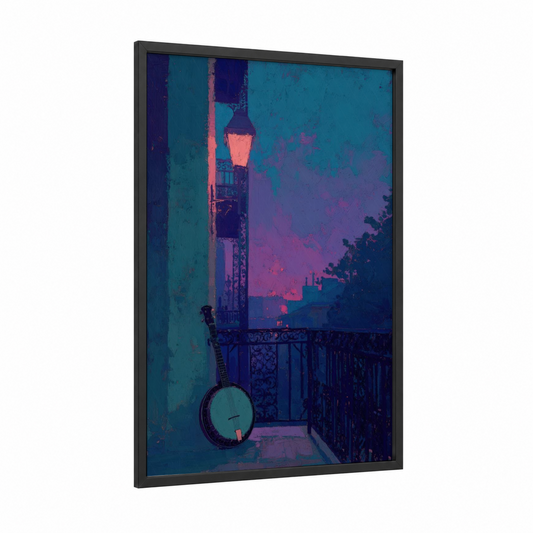 Neon Banjo framed art print — black wood frame — teal and magenta palette
