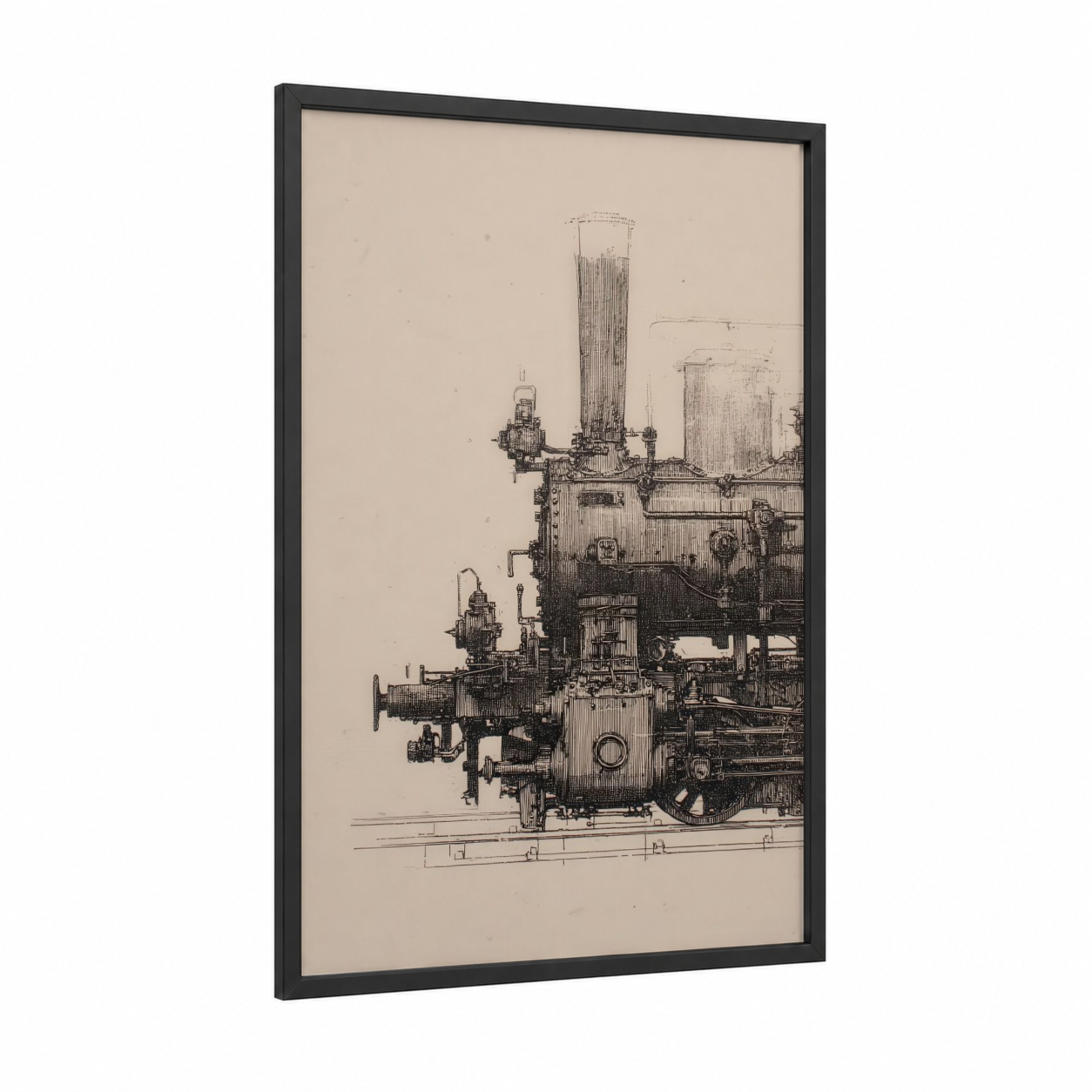 Industrial Steam Engine framed train print — black wood frame — black and white and cream palette