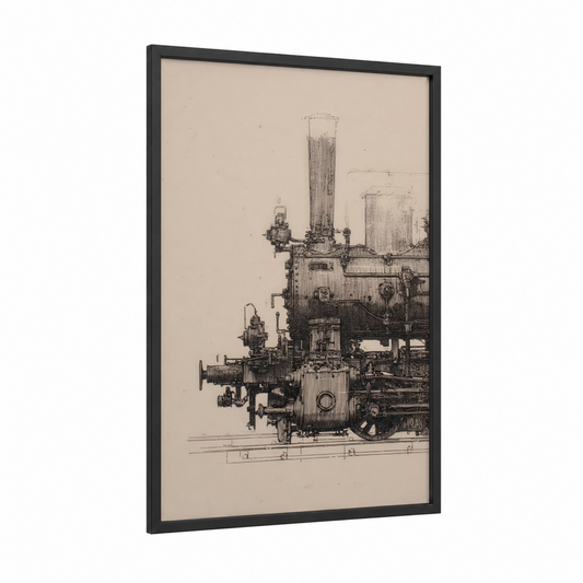 Industrial Steam Engine framed train print — black wood frame — black and white and cream palette