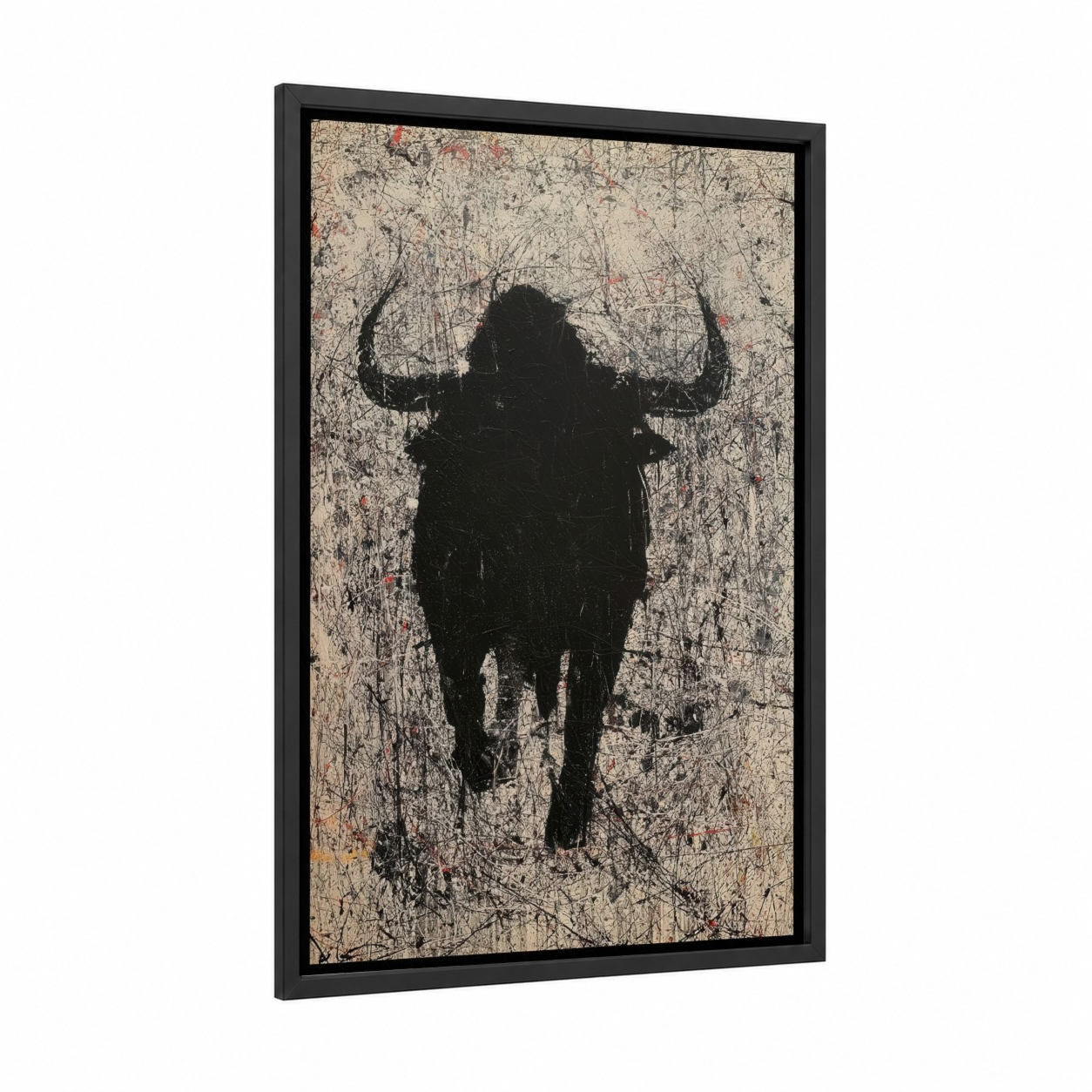 Charging Bull framed art print — black wood frame — black and cream palette