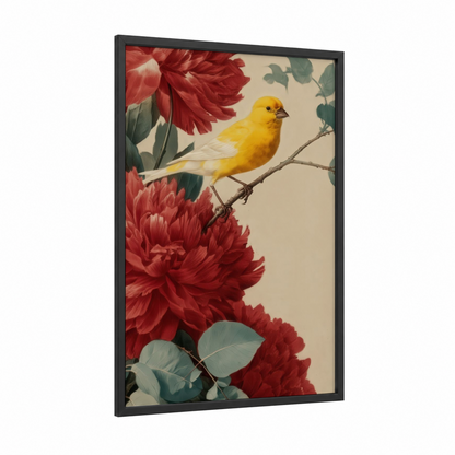 Yellow Canary Florals framed canaries print — black wood frame — red and gold palette
