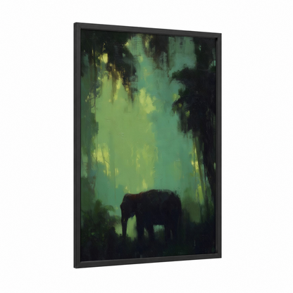 Misty Elephant framed asian elephant print — black wood frame — light green and black palette