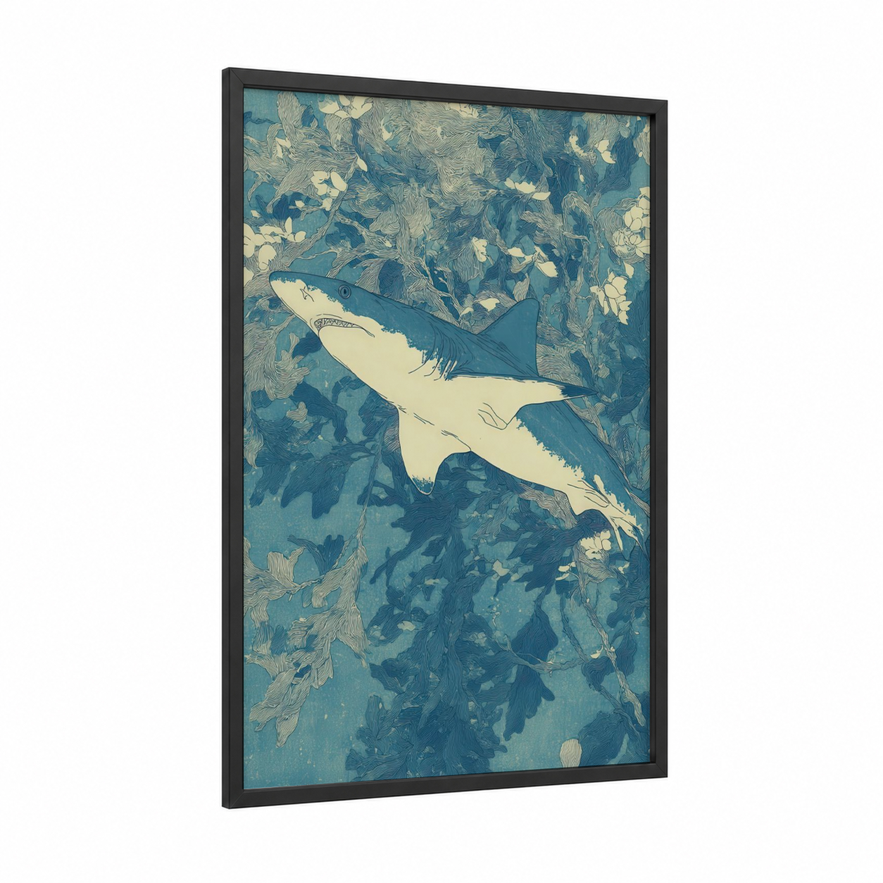 Azure Shark Swimming framed blue shark print — black wood frame — blue and white and teal palette