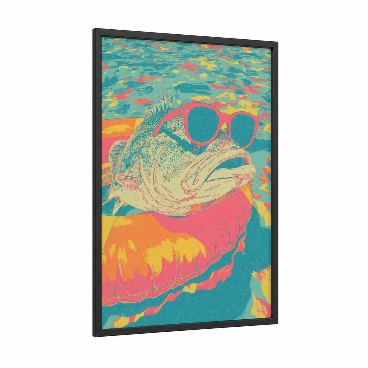 Cool Bass framed art print — black wood frame — teal and magenta palette