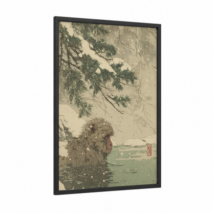 Snowy Macaque framed monkey print — black wood frame — cream and sage green palette