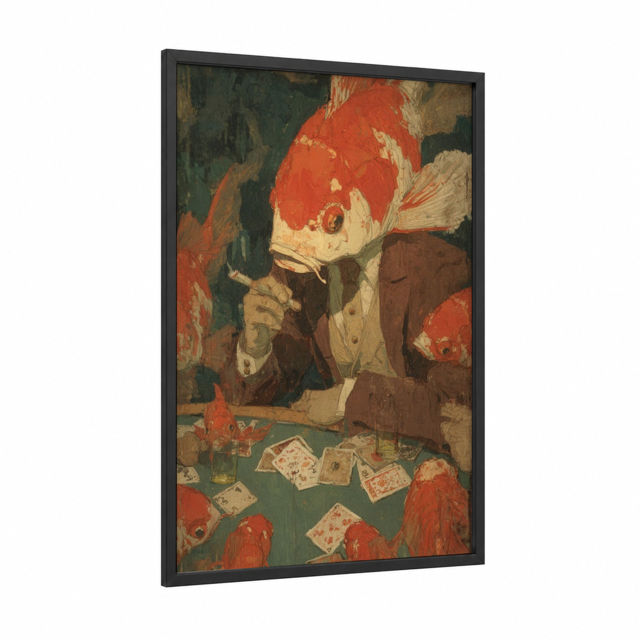 Gentleman Koi Card Game framed koi fish print — black wood frame — red and brown palette