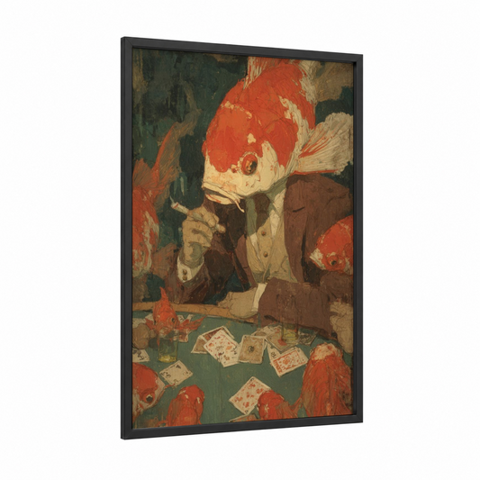 Gentleman Koi Card Game framed koi fish print — black wood frame — red and brown palette