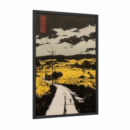 Golden Fields Vista framed various landscapes print — black wood frame — gold and black and white palette