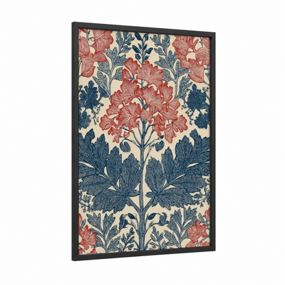 Indigo Wisteria framed art print — black wood frame — red and dark blue palette