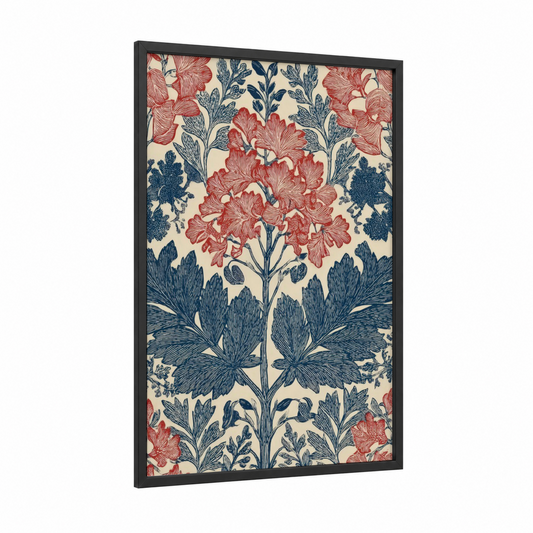 Indigo Wisteria framed art print — black wood frame — red and dark blue palette