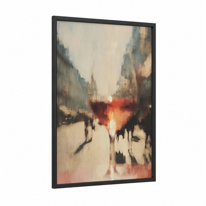 Crimson Urban Sunset framed rose wine print — black wood frame — rose gold and cream palette