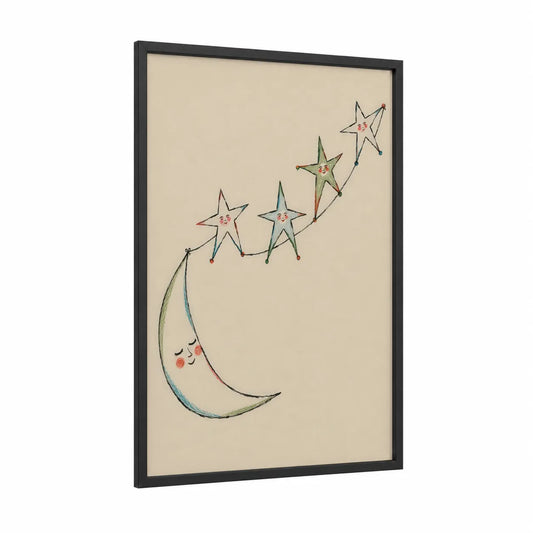 Moon and Stars Nursery Wall Art framed art print — black wood frame — beige and peach palette