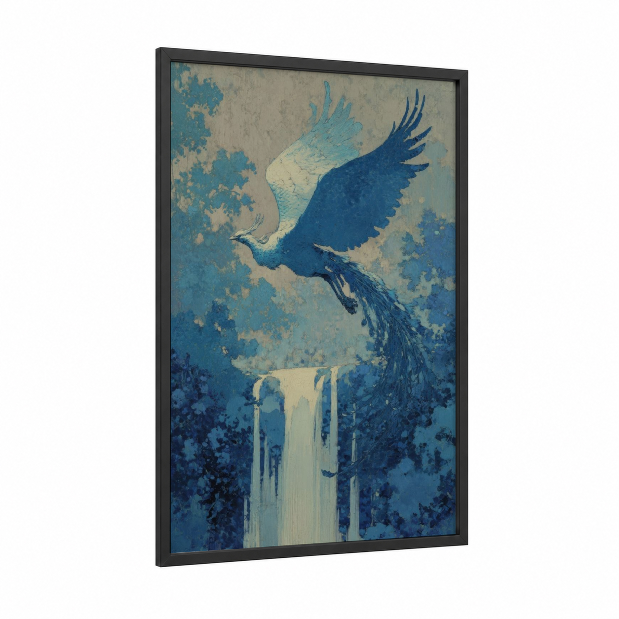 Ascending Phoenix framed art print — black wood frame — blue and cream palette