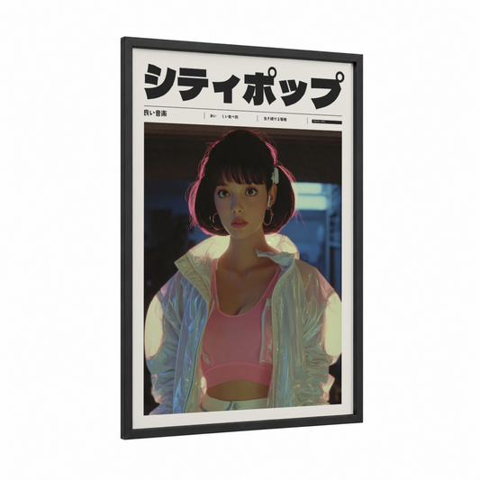 Neon Anime Girl framed anime and manga print — black wood frame — magenta and blue palette