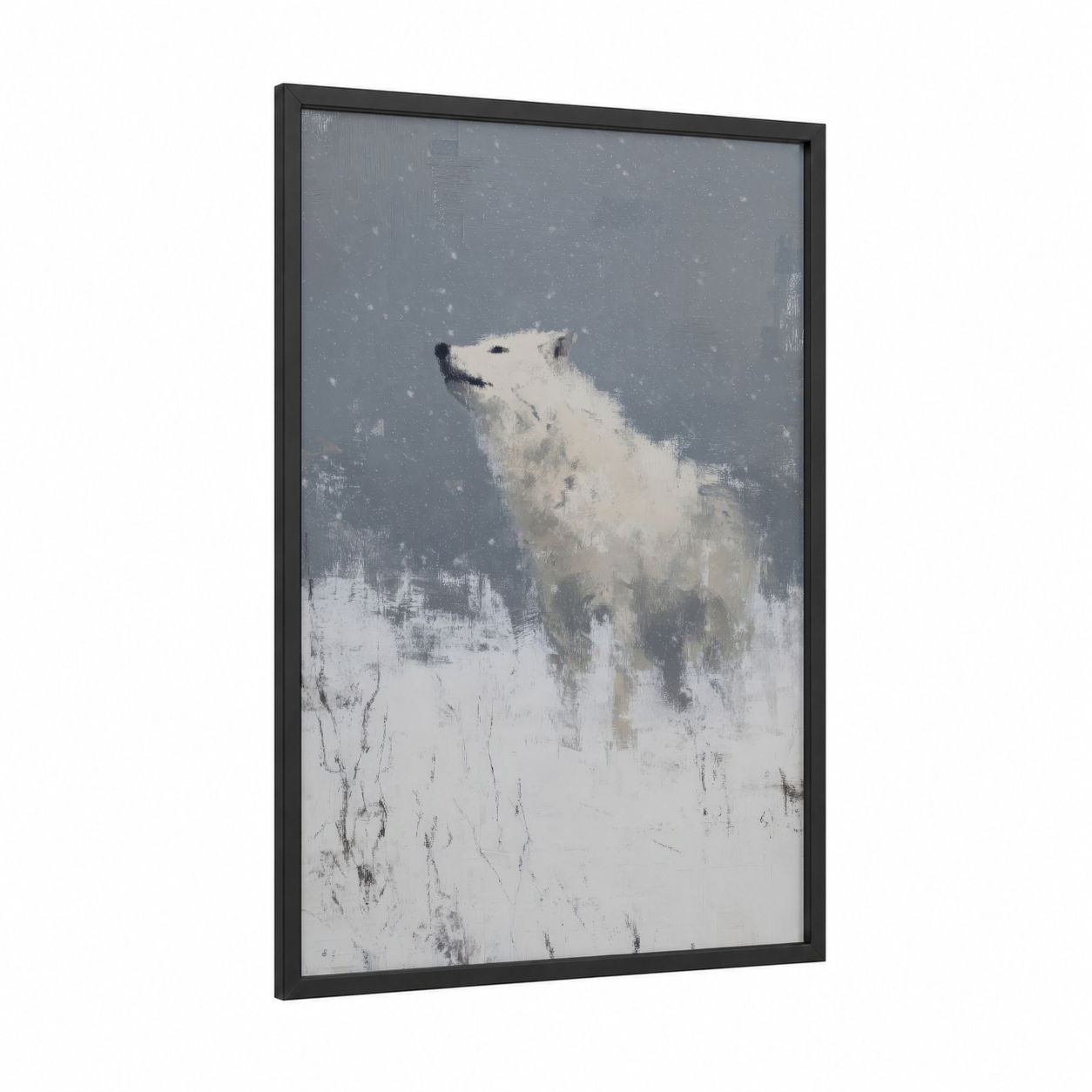 Snowy Wolf framed art print — black wood frame — white and gray palette