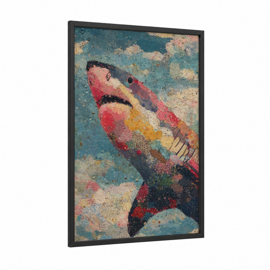 Colorful Basking Shark framed art print — black wood frame — teal and salmon pink palette