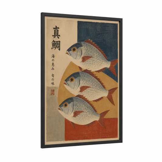 Japanese Sea Bream Trio Wall Art framed salt water fish print — black wood frame — blue and beige palette